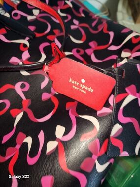 kate spade Black Tote with Pink, Red & Cream Ribbon Print